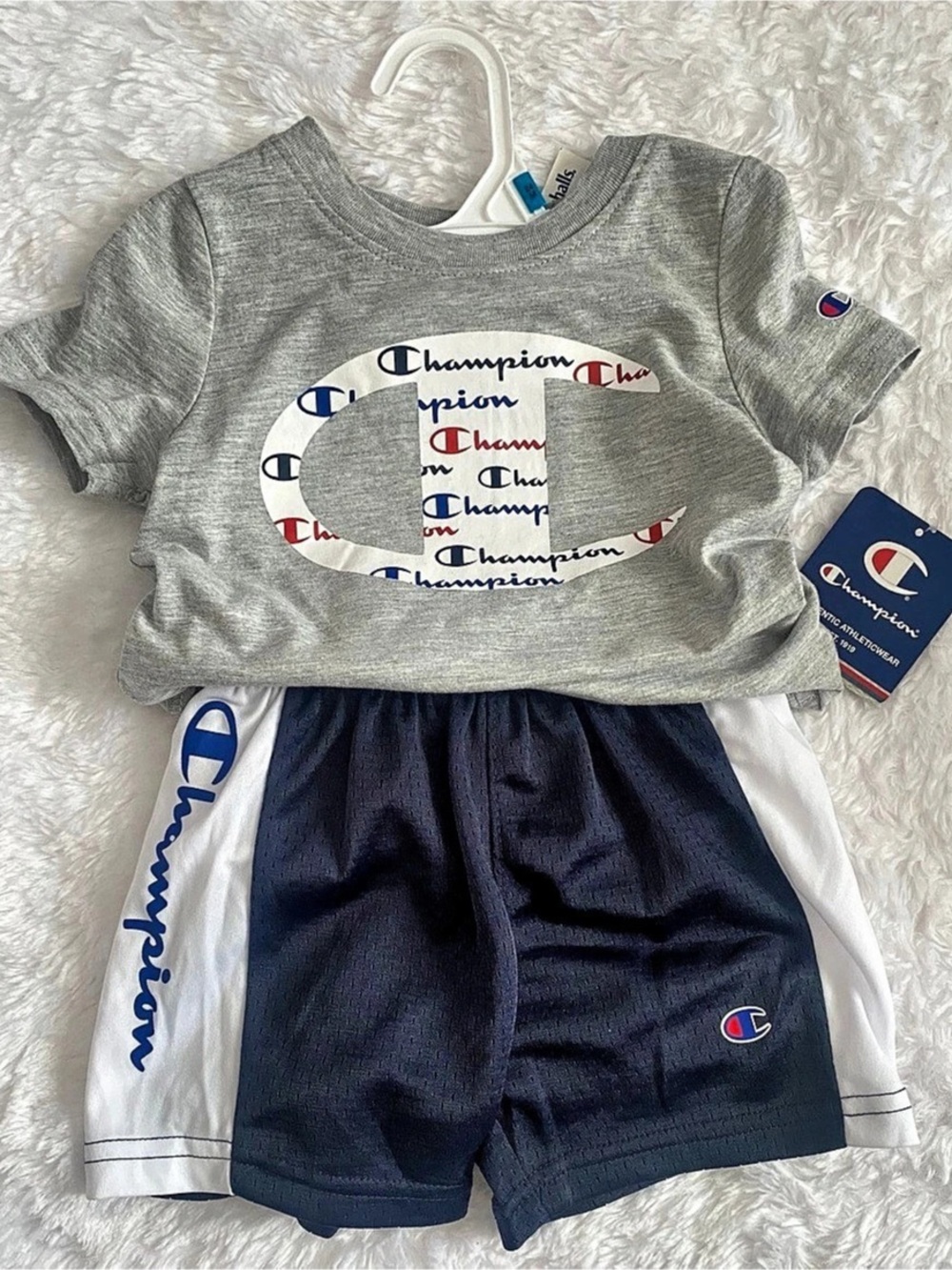 Champion Toddler Boys Graphic Tee and Mesh Shorts Set in Gray & Navy 24 months